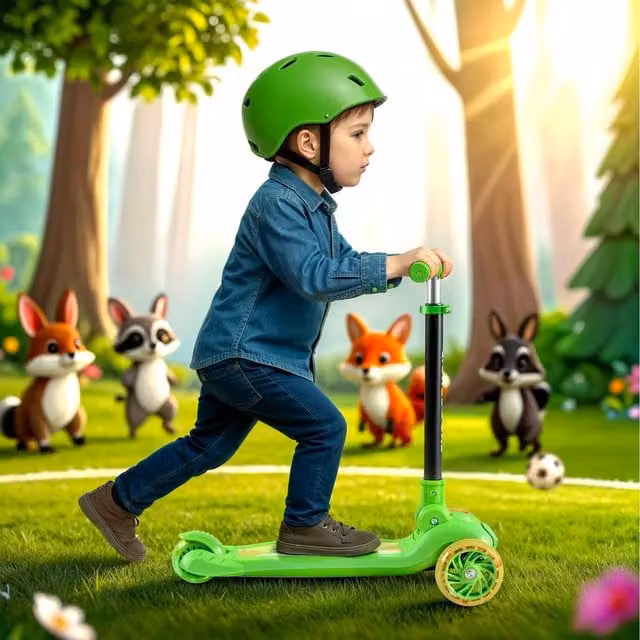 FableKids Green Childrens Scooter with LED Lights and Height Adjustable Handlebar