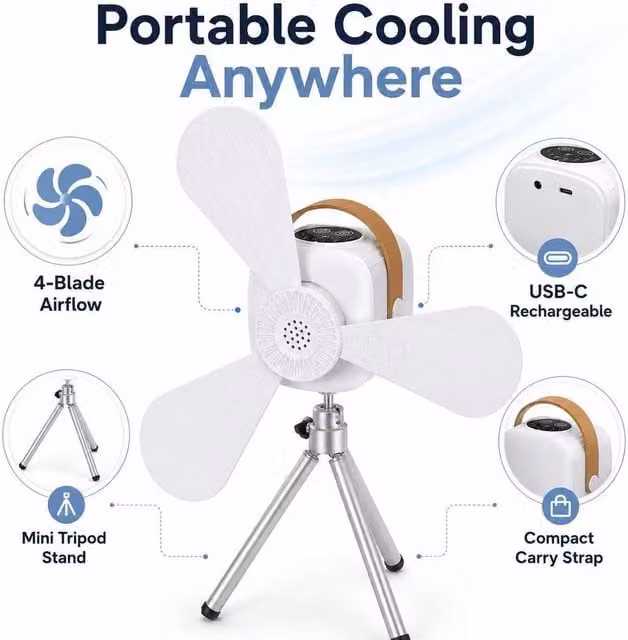 BluCore Mini Portable Rechargeable Table and Ceiling Fan with Remote Control and Timer, White – 1