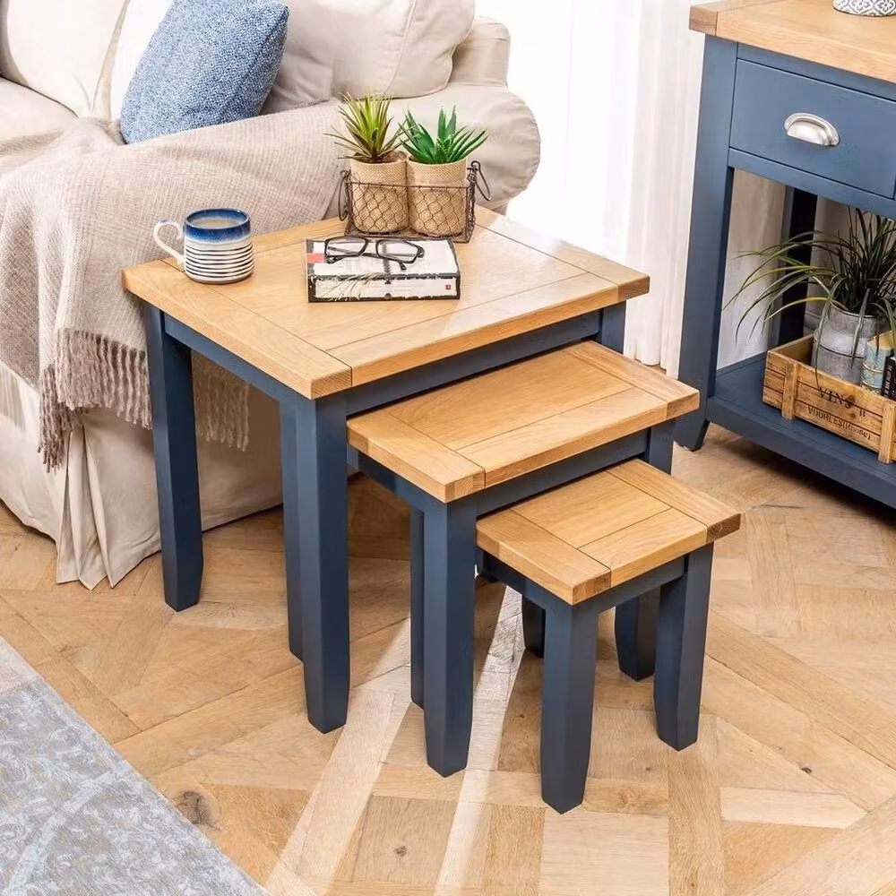 FORGEVIO Westbury Nest of 3 Tables in Blue Painted Natural Oak Wood – 2
