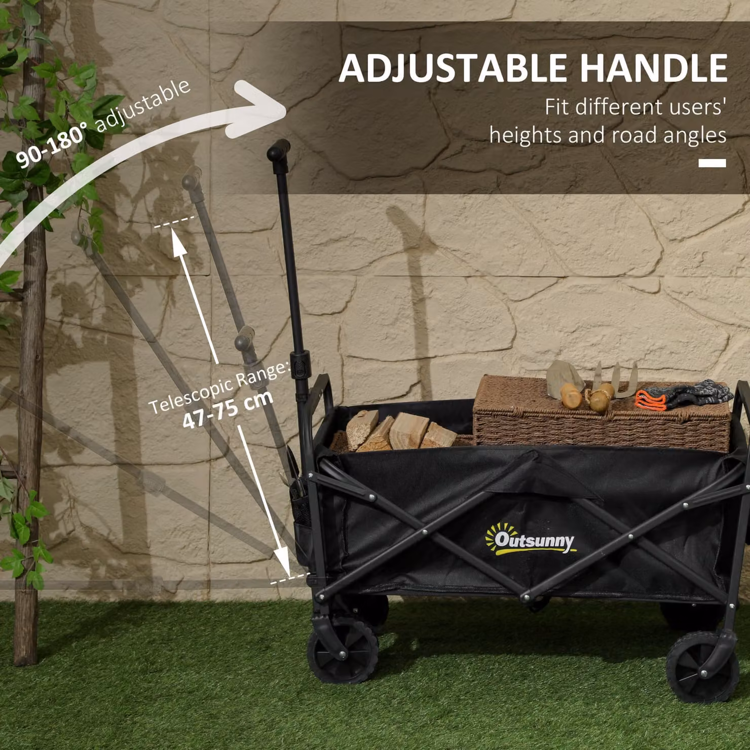 Outsunny 62L Heavy Duty Folding Festival Trolley with Adjustable Handle and Carrying Bag, Black – 7