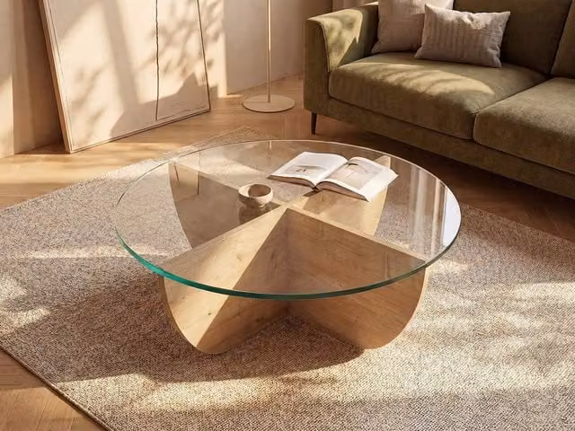 Vente-unique AYSUN Square Tempered Glass Coffee Table in Transparent and Oak Wood Finish, W/D/H: 90 x 90 x 30 cm