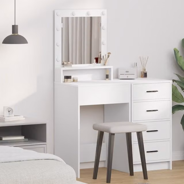 Berkfield Home White Modern Dressing Table with Hollywood LED Lights, W/D/H: 50 x 41 x 135 cm – 1