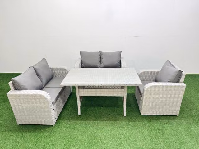 Fimous High Back Poly Rattan Garden Furniture Set with Reclining Chair, Loveseat, Sofa and Rectangular Dining Table in Light Grey