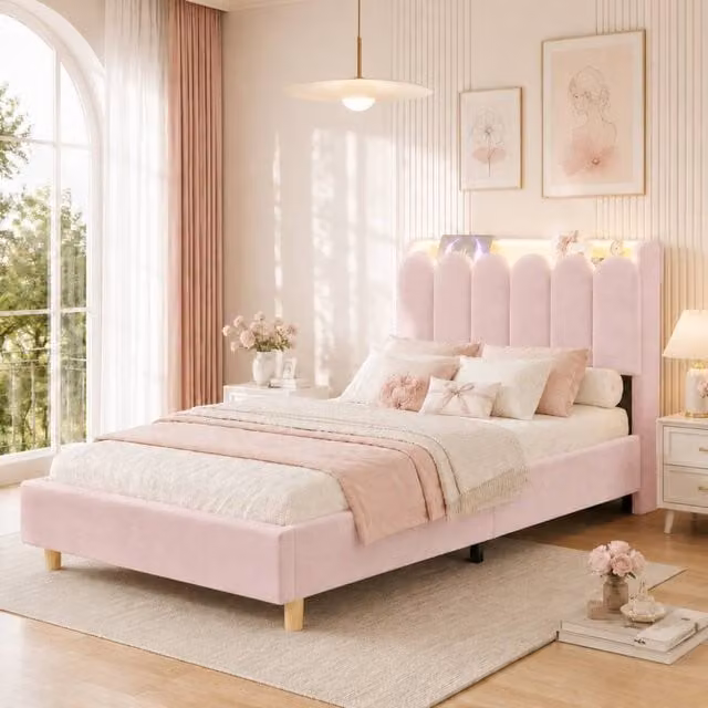 Matteo Pink Velvet Single Bed Frame with Integrated Reading Light, USB Charging Port and Side Storage Compartments, W/D/H: 90 x 190 x 91.5 cm – 1