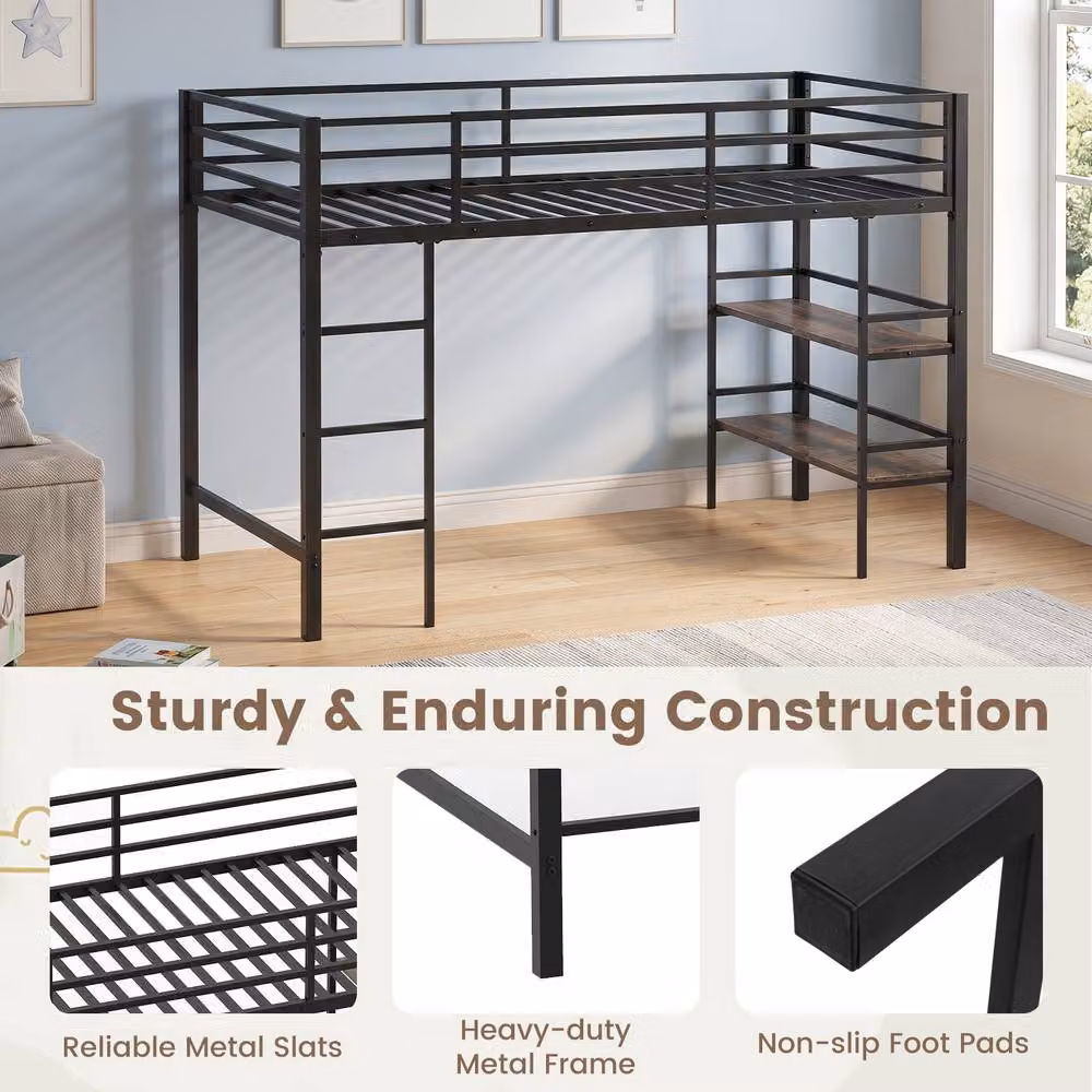 Costway Single Size Metal Loft Bed with Storage Shelves and Stairs in Brown – 6