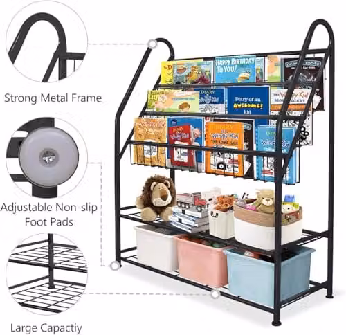 Huhote Black Metal Childrens Bookshelf and Toy Storage Organizer – 5