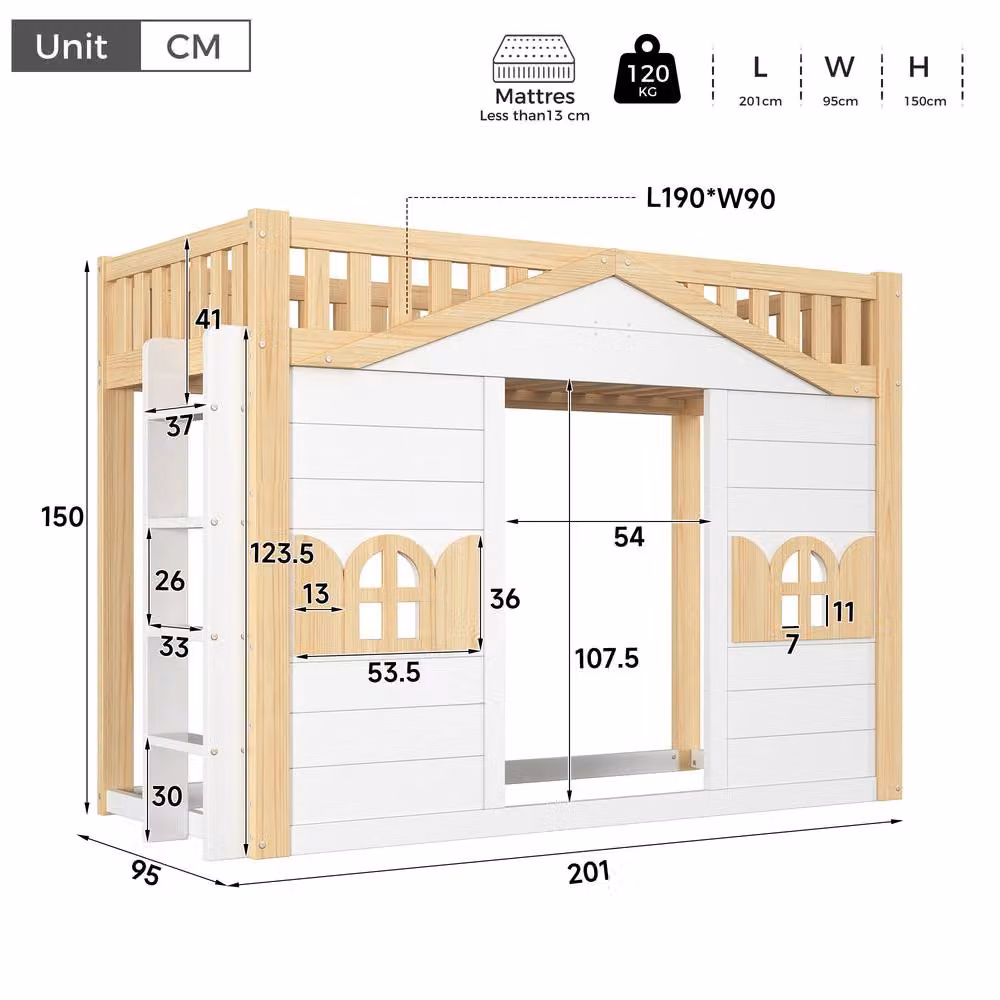 Matteo Childrens House Bunk Bed in White and Natural Pine Wood, W/D/H: 190 x 90 x 120 cm – 2