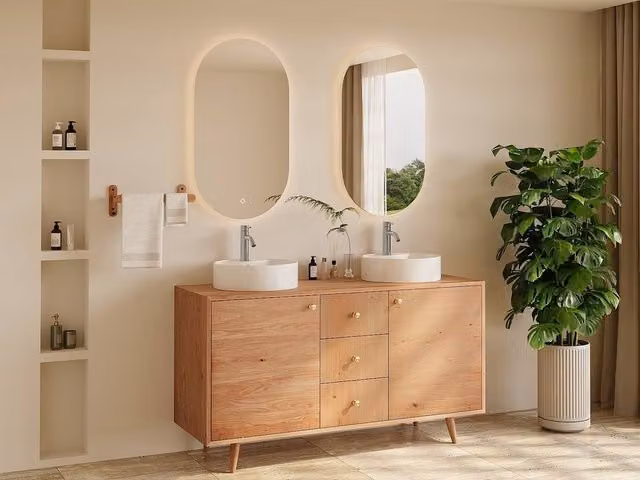 Vente-unique Solid Oak Bathroom Vanity Unit with Round Countertop Basin in Light Oak – 1