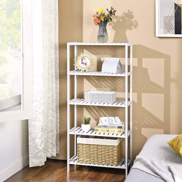 SONGMICS 5 Tier Bamboo Storage Shelf with Adjustable Shelves in White – 1
