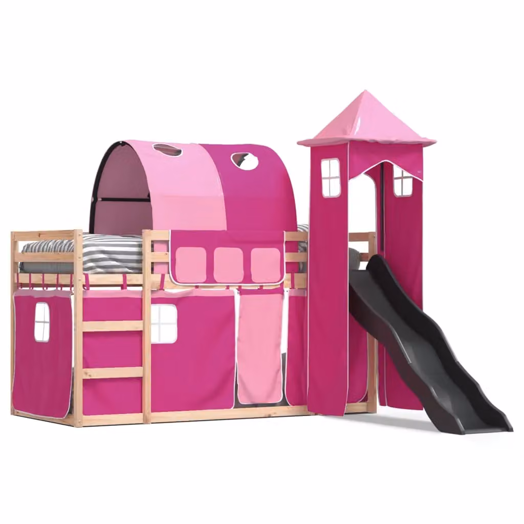 Berkfield Home Pink Solid Wood Childrens Bunk Bed with Slide and Curtains W: 80 cm, L: 200 cm – 2