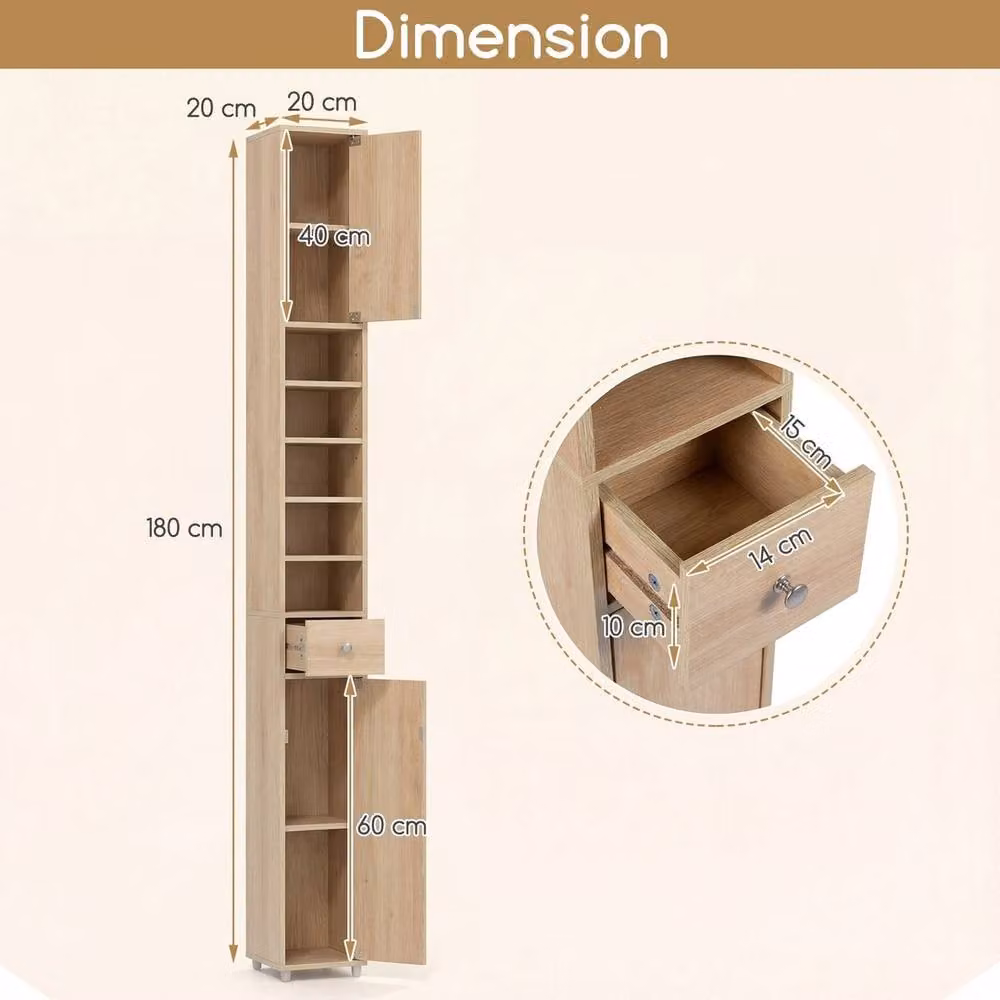 FORGEVIO Slim Freestanding Tall Bathroom Cabinet in Brown with 1 Drawer and 5 Adjustable Shelves – 2