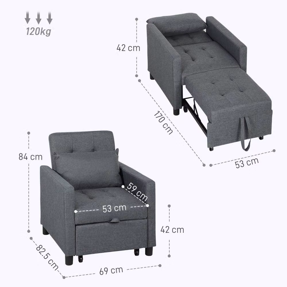 Wyld Haus Loco Suro 3 in 1 Convertible Chair Bed in Dark Grey with Adjustable Backrest and Solid Wood Frame – 3