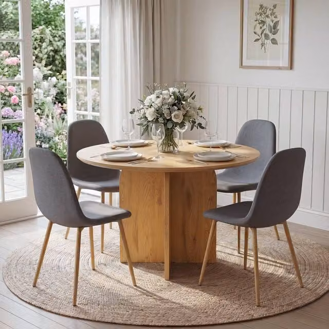 Home Garden Direct NYX Round Wood Effect Dining Table and 4 Dark Grey Linen Chairs Set