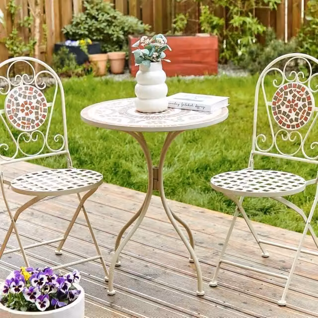 Wyld and Coco Garden Vista White Metal Bistro Set with Mosaic Table and 2 Folding Chairs