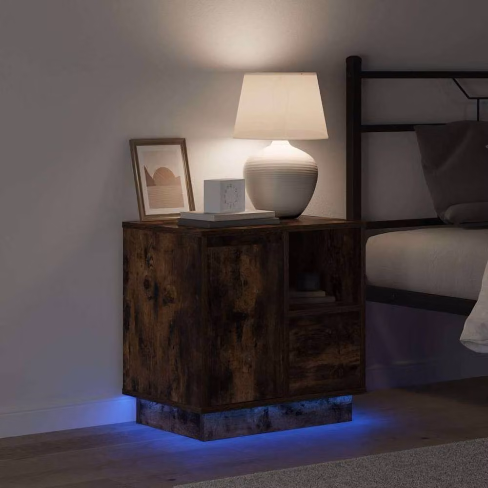 Berkfield Home Traditional Bedside Cabinet with Integrated LED Lights in Smoked Oak Brown, W/D/H: 50 x 34 x 50 cm – 3