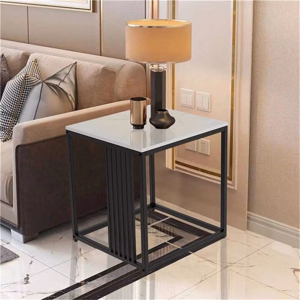 KORVIXA Minimalist White Ceramic Side Table with Matt Stone Top and Metal Legs, W/D/H: 45 x 40 x 40 cm – 4