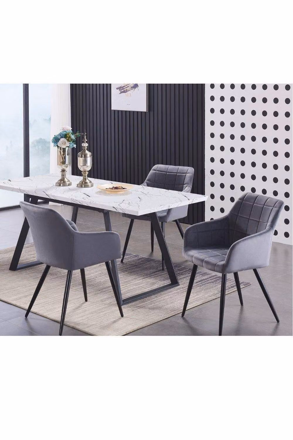 Life Interiors Set of 4 Camden Modern Velvet Dining Chairs with Armrests and Black Metal Legs in Dark Grey – 4