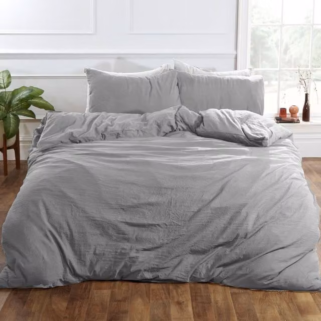 Brentfords Washed Linen Look Microfibre Duvet Cover Set with Pillowcases, Silver/Grey, Single, Duvet Cover: 90 x 200 cm