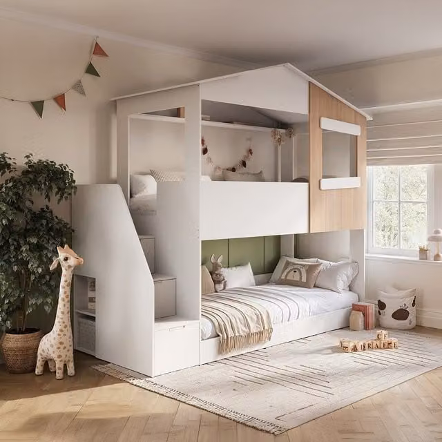 Dreamland Flair House Staircase Bunk Bed in Brown and White Engineered Wood