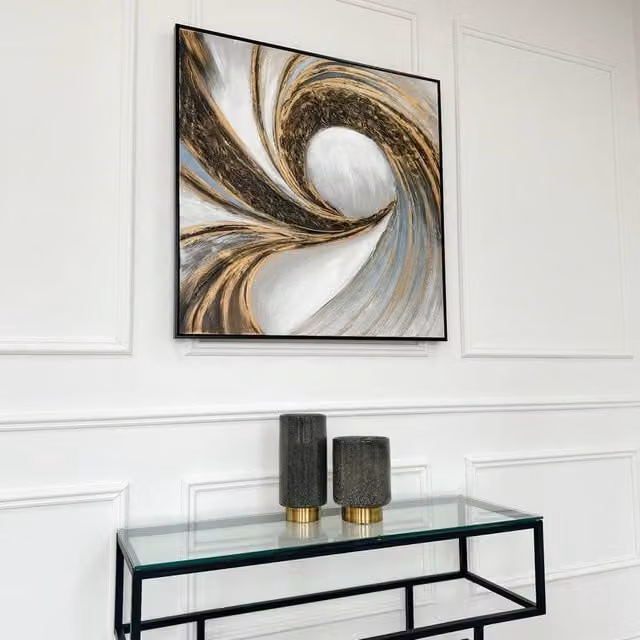 Modish Furnishing Abstract Blue, White and Gold Swirl Textured Canvas Wall Art