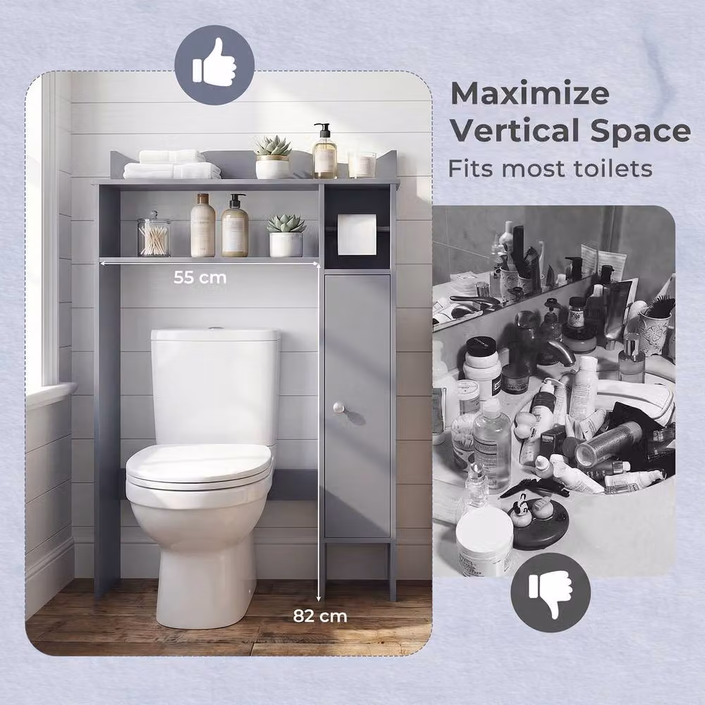 Costway Grey Over The Toilet Storage Cabinet with Hinged Doors and Toilet Paper Holder – 5