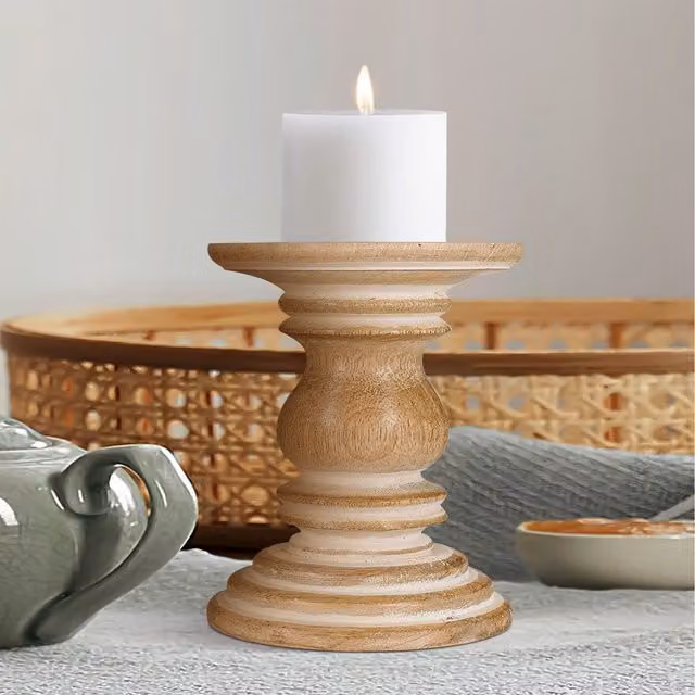 Topfurnishing Rustic Antique Carved Wooden Pillar Church Candle Holder in Beige/Yellow, Height: 10 cm