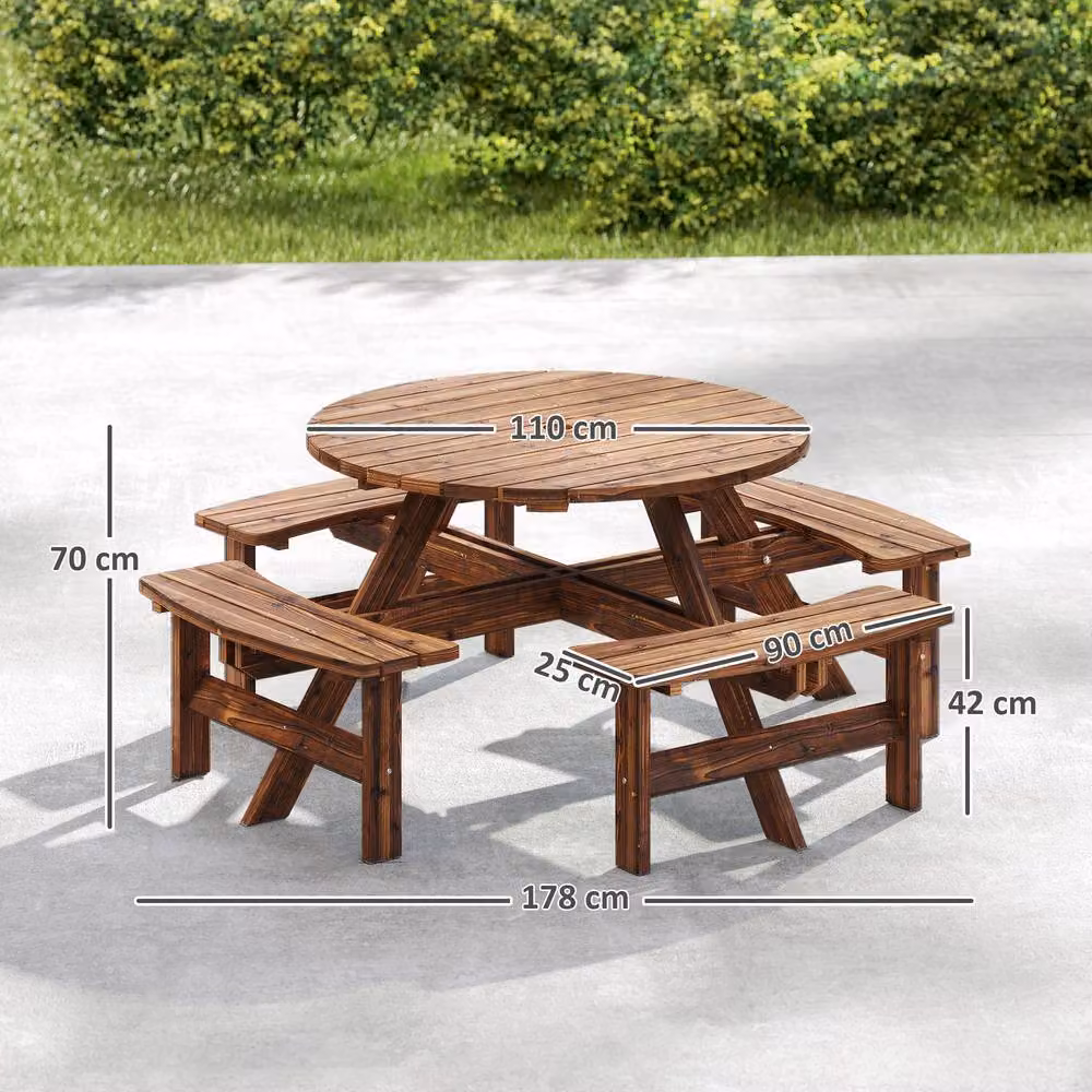 OUTSUNNY Rustic Treated Hardwood Garden Dining Set with Round Table and Benches in Dark Brown – 3