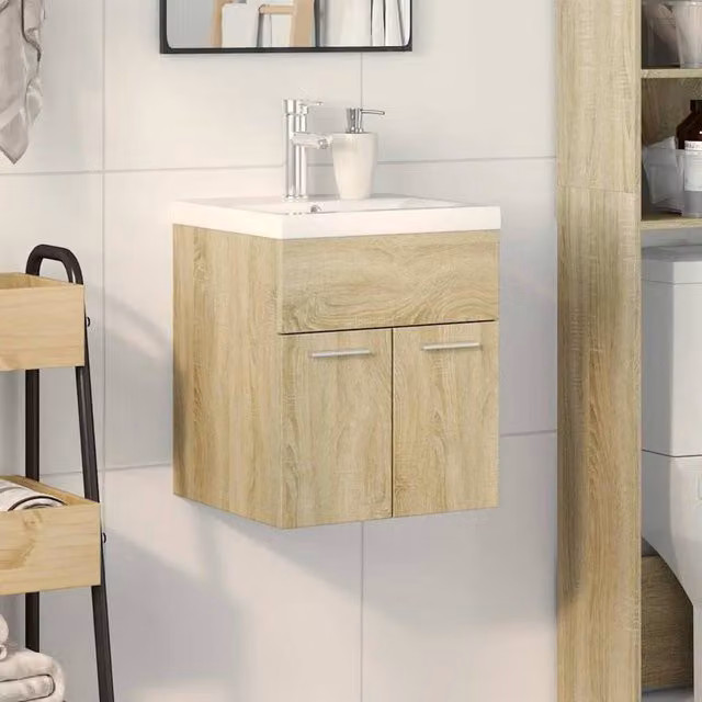 Berkfield Home 2 Piece Modern Bathroom Vanity Unit Set in Sonoma Oak and White, W/D/H: 46.0 x 41.0 x 38.5 cm