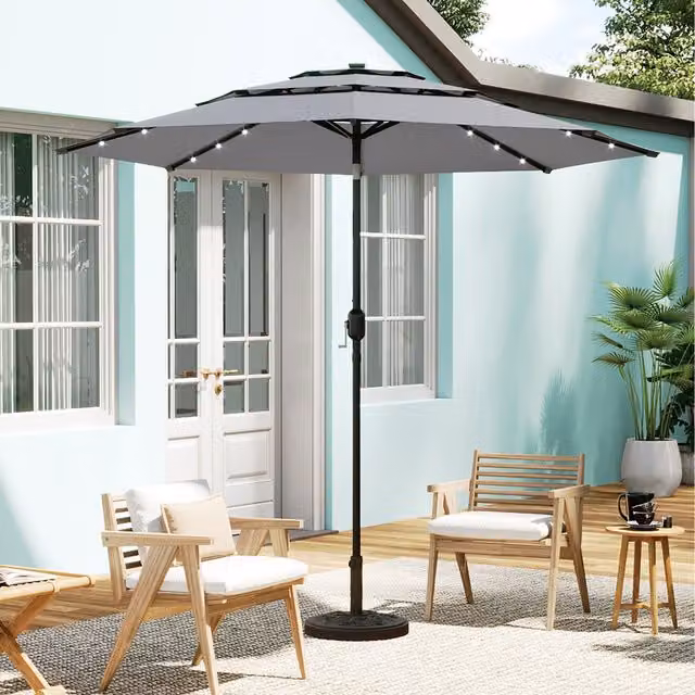 Komore Solar-Powered LED Lighting Parasol in Grey and Black with Polyester, Metal and Concrete Base