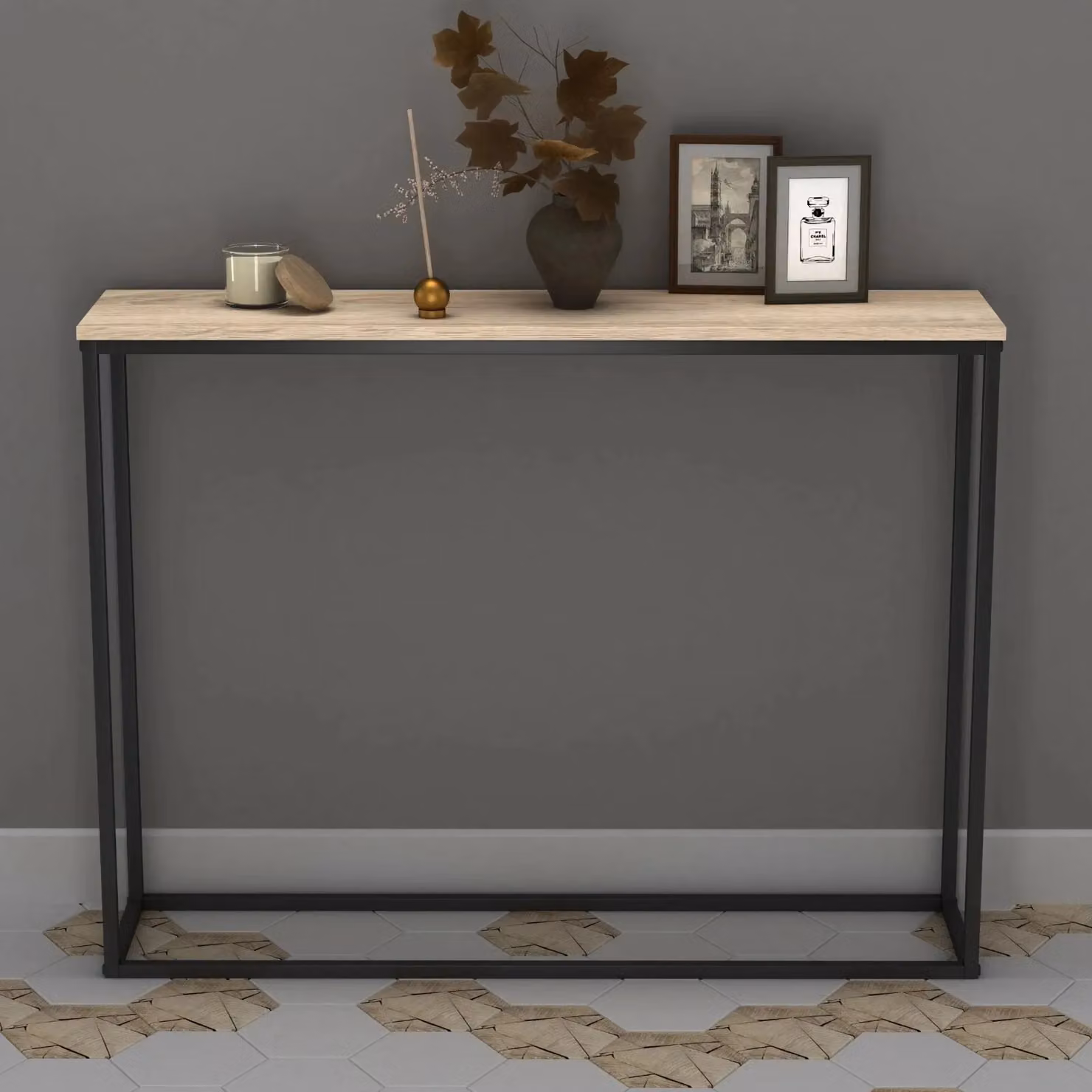 EONLION Grey Industrial Wooden Console Table with Metal Legs, W/D/H: 100.5 x 24.0 x 75.5 cm – 4