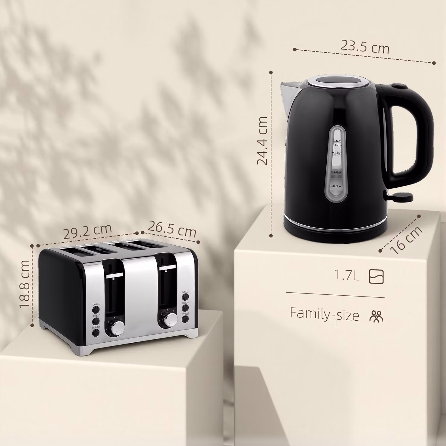 HOMCOM Kettle and Toaster Set in Black, featuring a 1.7 l 3000W Rapid Boil Jug Kettle with Strix Thermostat and Limescale Filter, and a 4 Slice Toaster with 7 Browning Controls and Crumb Tray – 3