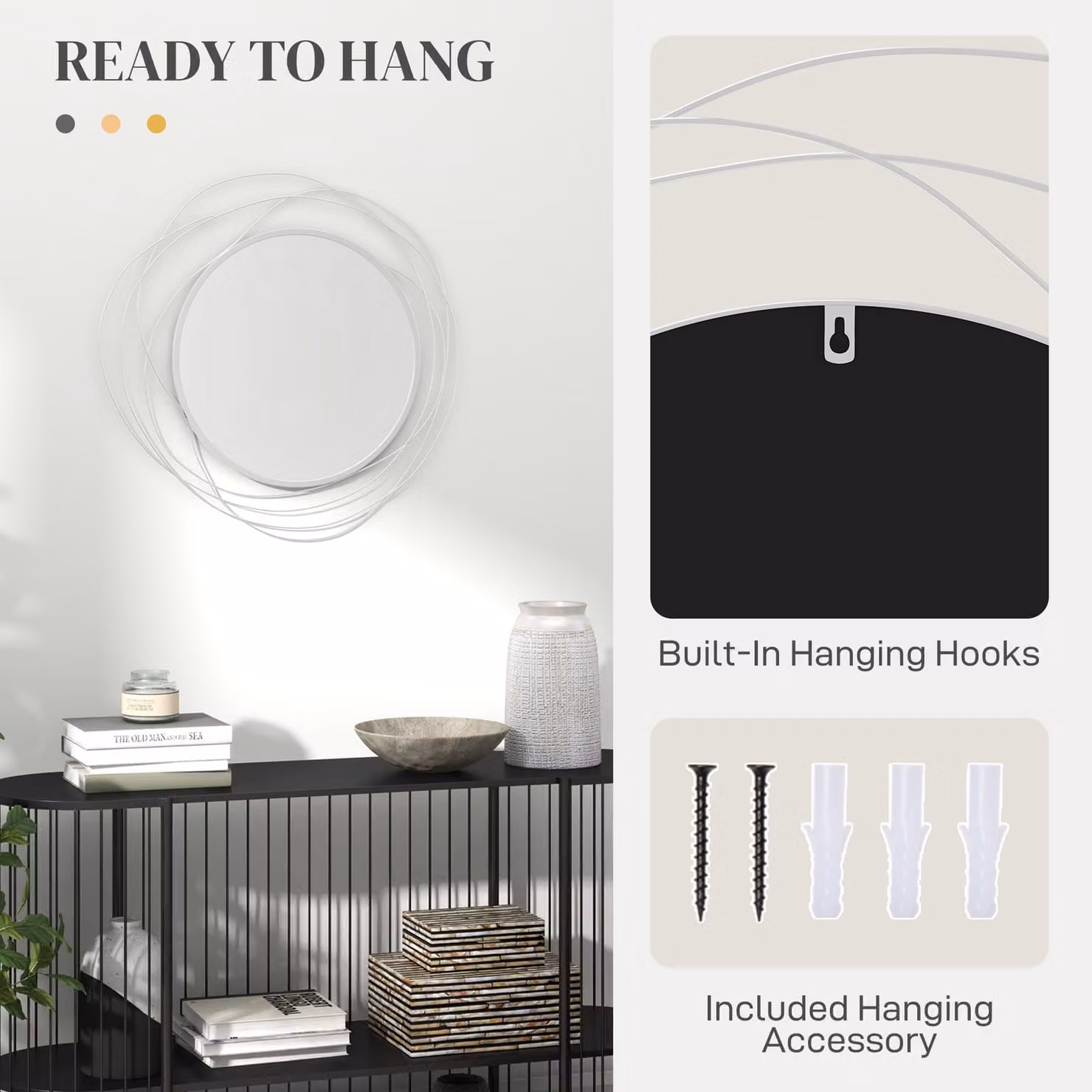 HOMCOM Abstract Round Metal Wire Wall Mirror in Silver – 3