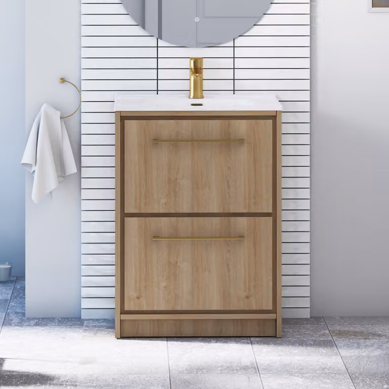 Livora Natural Oak Floor Standing Bathroom Vanity Unit with 2 Drawers, Ceramic Basin and Brushed Brass Handle, Width: 60 cm