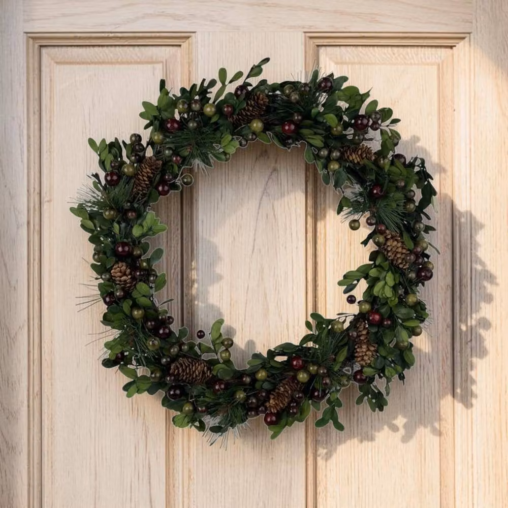 Four Candle Green Pinecone and Berry Hanging Wreath, Diameter: 39 cm – 2