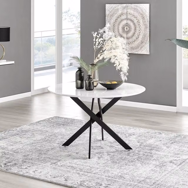 FurnitureboxUK Novara Round 6-Seater Dining Table with White Gloss Top and Black Metal X-Frame Legs, Diameter: 120 cm – 1