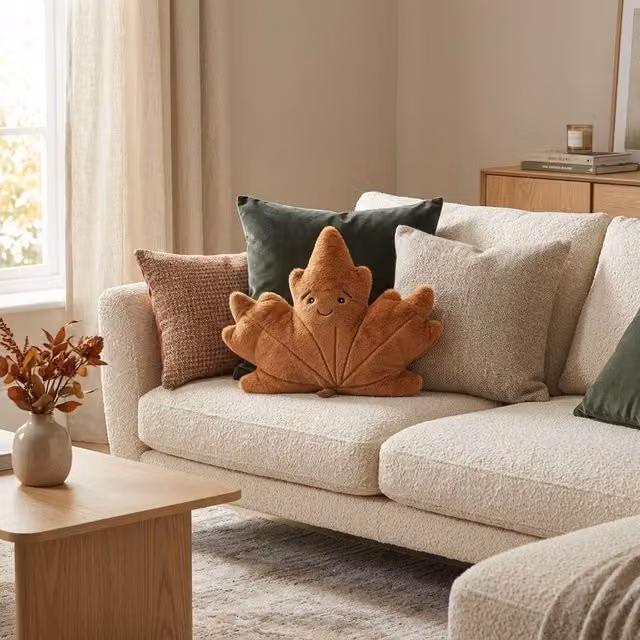 Garden Greatness Autumnal Maple Leaf Shaped Decorative Velvet Cushion in Orange and Brown Multicolour