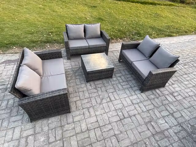 Fimous 6 Seater Rattan Wicker Garden Furniture Set in Dark Grey with Square Coffee Table and Upholstered Cushions
