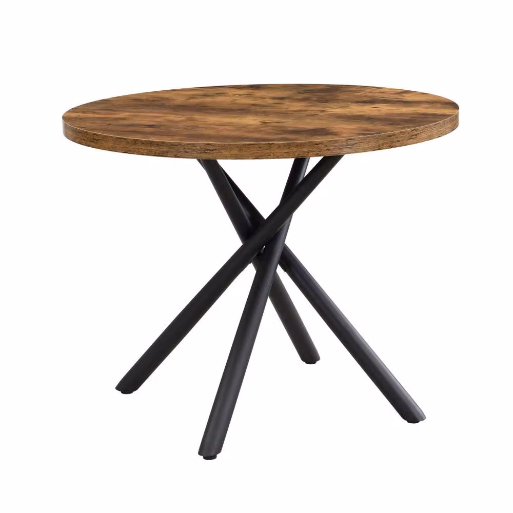 Mona Vale Furniture Round Dining Table with Brown MDF Laminate Top and Black Metal X-Frame Base – 3