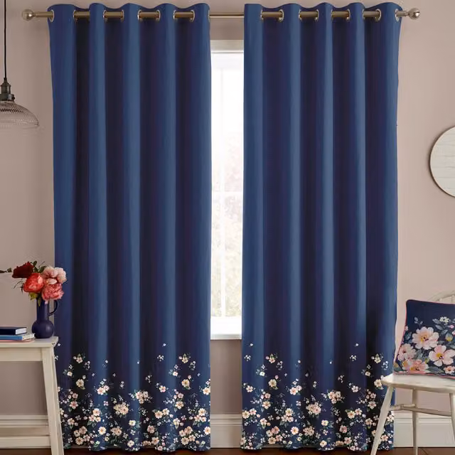 Cath Kidston Spitalfields Border Made to Measure Blackout Cotton Eyelet Curtains in Navy Blue Floral Design