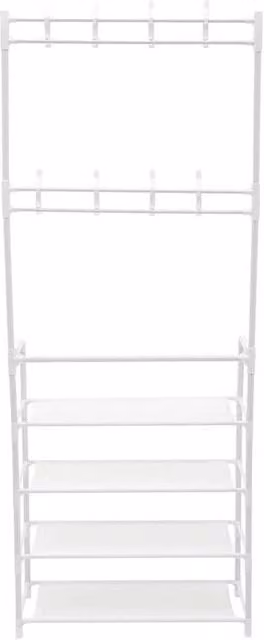 KORVIXA Metal Coat and Hat Stand with 8 Hooks and 4-Tier Shoe Rack in White, W/D/H: 100 x 100 x 100 cm