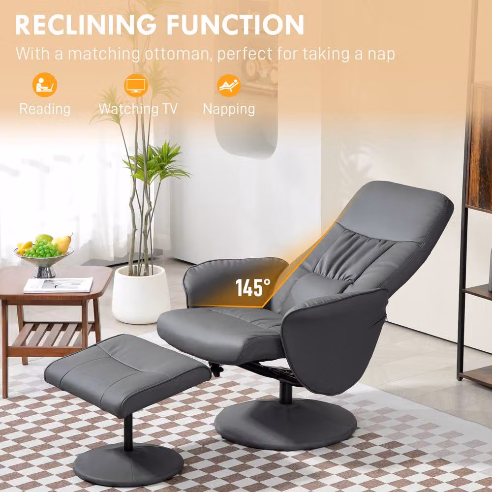 STILVORA Grey Recliner Armchair and Ottoman Set with 360 Degree Swivel Base and Synthetic Leather Upholstery – 4
