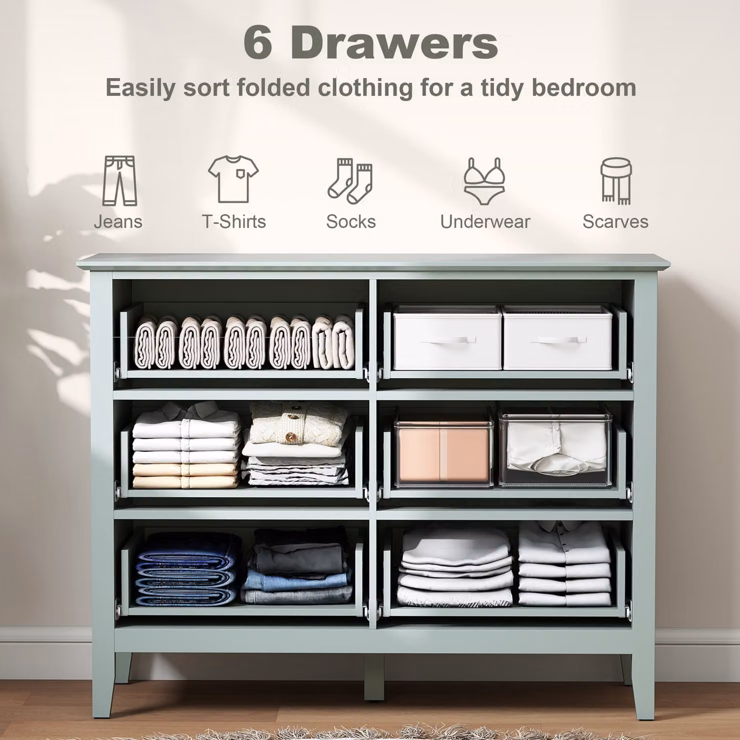 HOMCOM Fluted 6 Drawer Chest of Drawers in Green with Gold Accents – 3