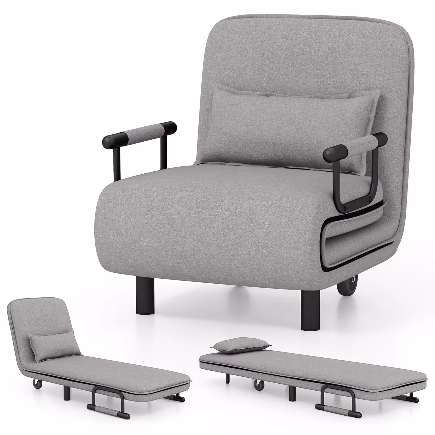 Costway 3-in-1 Convertible Sofa Bed Sleeper Chair with Lumbar Pillow in Grey – 3