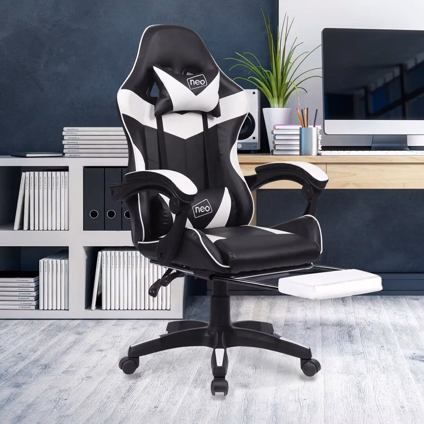 Neo Synthetic Leather Gaming Chair with Footrest and Headrest in White – 5