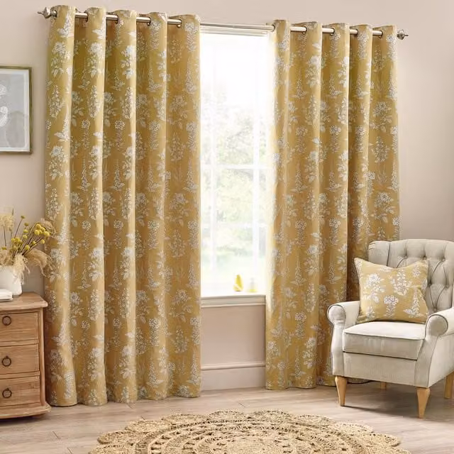 Wylder Nature Sophia Floral Jacquard Ready Made Eyelet Curtains in Gold and Green