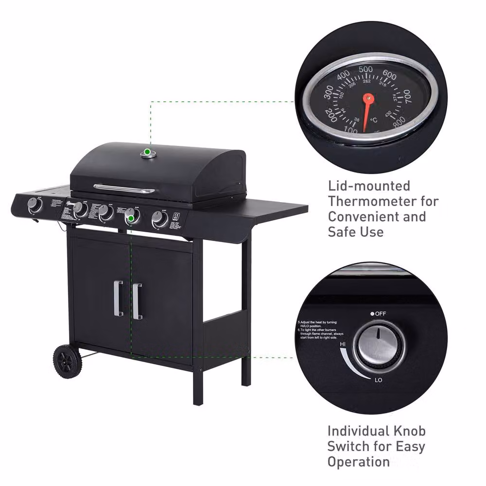 Rolipo 4+1 Burner Gas BBQ Grill Trolley with Cabinet and Side Burner in Black and Stainless Steel – 7