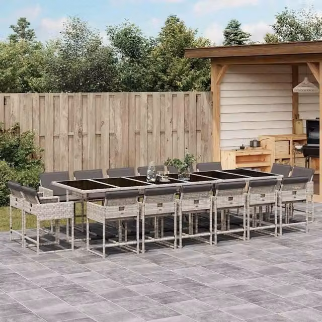 Berkfield Home 17 Piece Extendable Garden Dining Set with Light Grey Cushions and Glass Top Poly Rattan – 1
