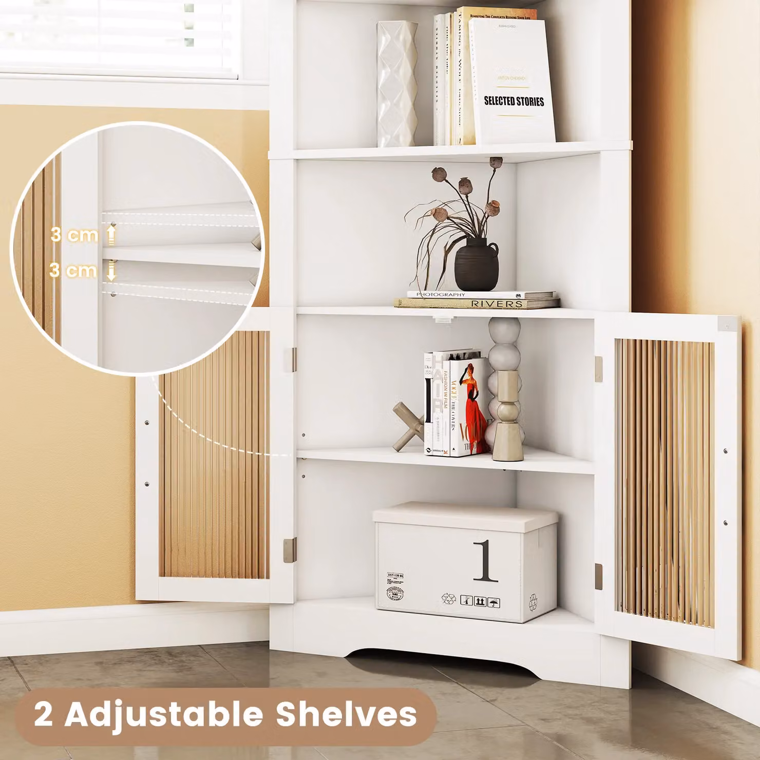 Costway White Wooden Corner Buffet Cabinet with Glass Doors and Internal Shelves, Height: 171 cm – 2