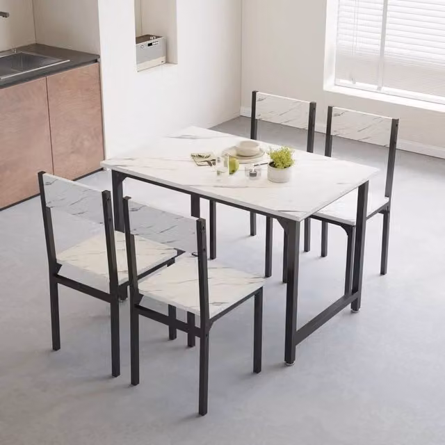VOGREX 5-Piece Modern Dining Set with White Marble Effect MDF Table and Chairs – 1