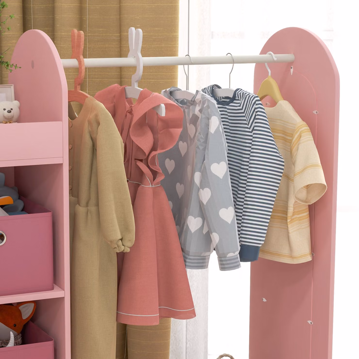 AIYAPLAY Kids Clothes Rail with Storage Shelf, Boxes and Mirror in Pink – 3